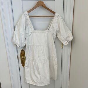 Mango White Puff Sleeve Denim Dress - M